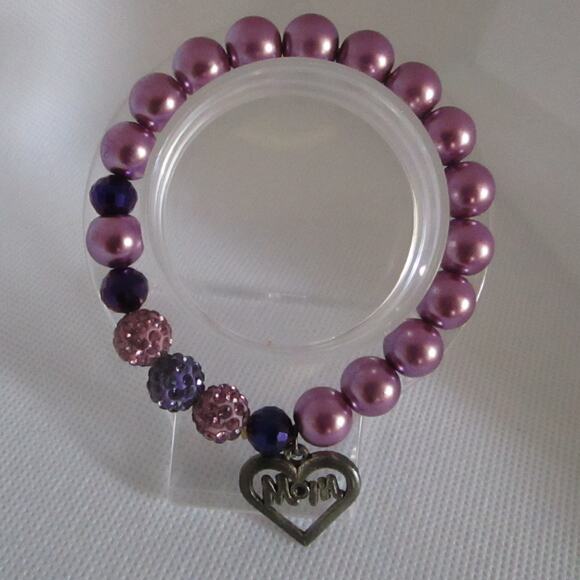 Purple Mom Charm Bracelet Set Crystal Beads Sparkle Beads Elastic Fit - Picture 12 of 17